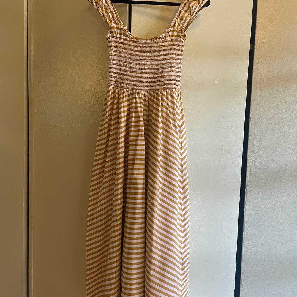 La Ligne Gold Poplin Striped Smocked Vivian Sundress